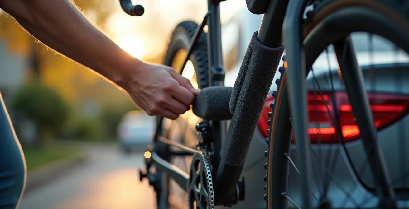 Sangles et mousses protectrices maintenant un cadre de vélo sur support
