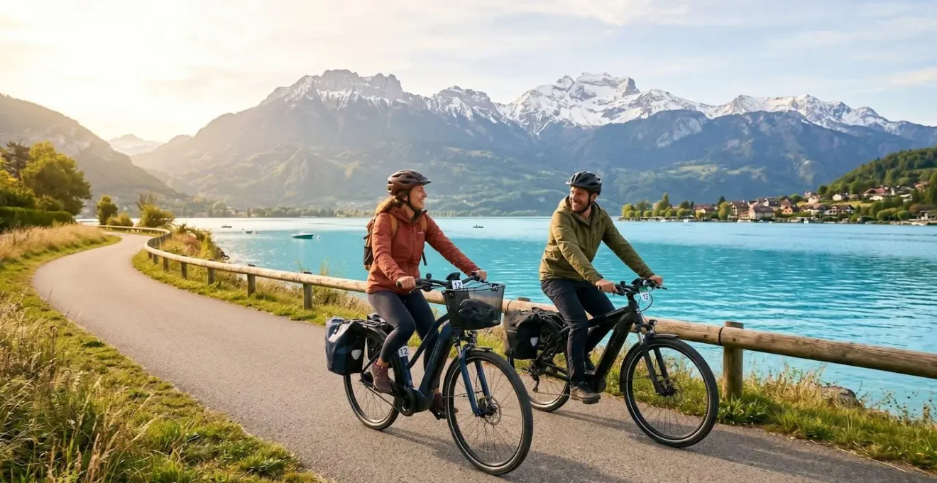 Couple pédalant sur des vélos électriques au bord du lac d'Annecy avec les montagnes en arrière-plan