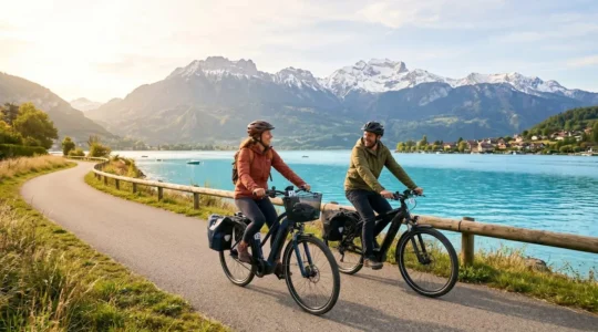 Couple pédalant sur des vélos électriques au bord du lac d'Annecy avec les montagnes en arrière-plan