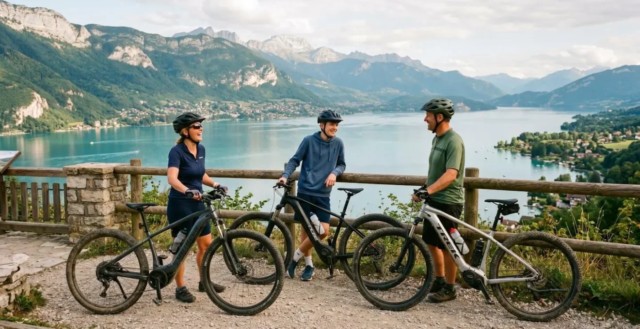Famille faisant une pause avec leurs vélos électriques sur un belvédère surplombant le lac d'Annecy