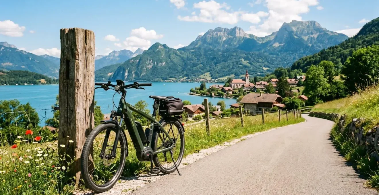Vélo électrique garé sur une piste cyclable avec un village savoyard et le lac d'Annecy en arrière-plan
