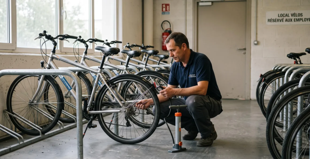 Un gestionnaire vérifie l'état d'un vélo de société dans un local de stockage.