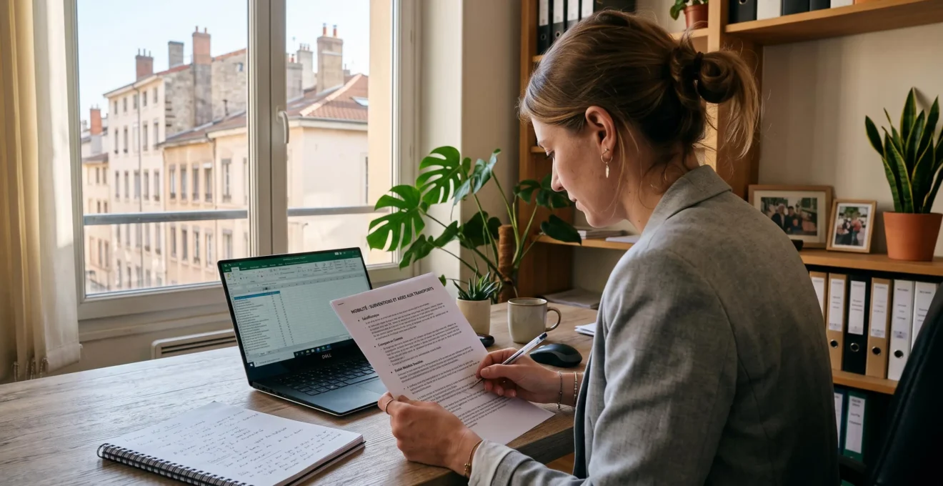 Une responsable RH étudie un dossier d'aides à la mobilité dans son bureau.