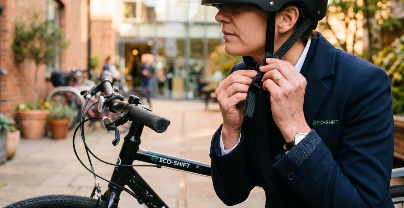 Un salarié attache la sangle de son casque avant de partir à vélo.