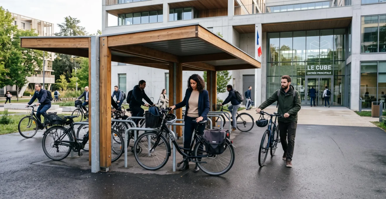 Des salariés garent leurs vélos dans un abri dédié devant un immeuble de bureaux français.